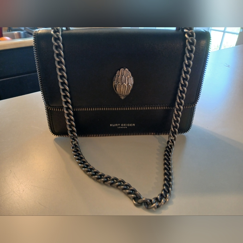 Kurt Geiger Shoreditch Black Leather with Leopard & Zipper Stich Detail